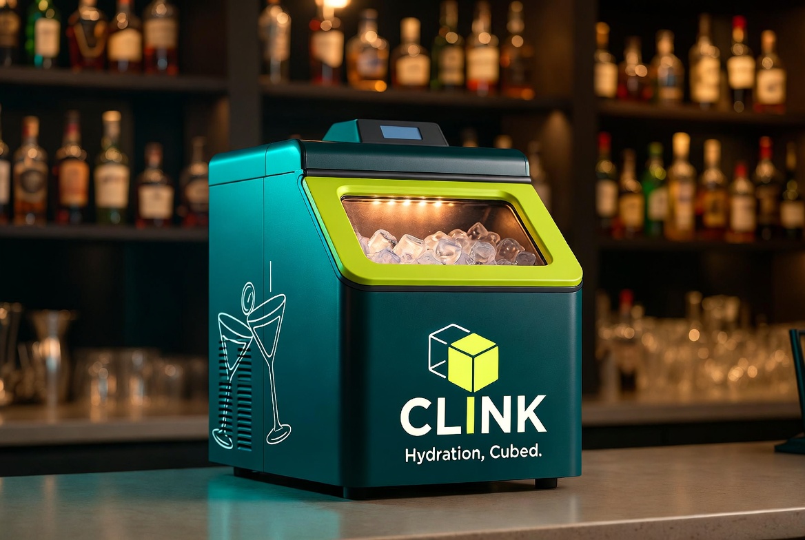 CLINK branded countertop ice unit on a back bar